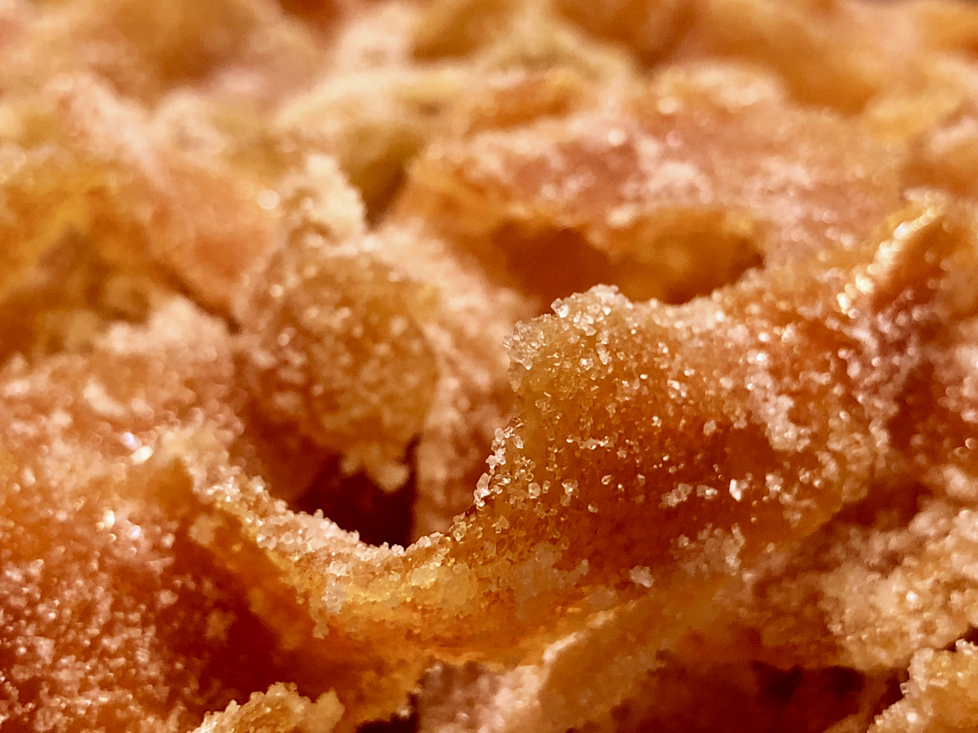 Close up on candied orange peel, covered with with shiny granules of sugar.